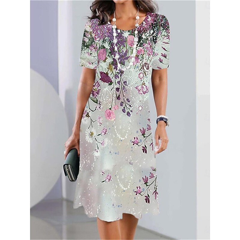 Women's Elegant Party Evening Midi Dress Crew Neck Short Sleeve Casual Dress Shift Dress Summer Dress Stylish Formal Work Casual Regular Fit Floral Black And White Red Blue Purple2