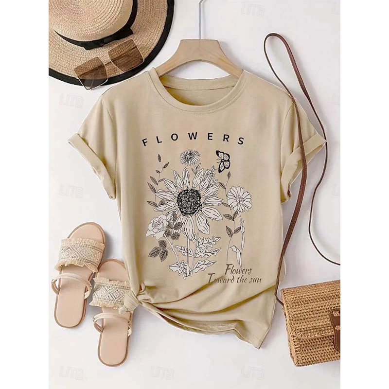 Women's T Shirt Sunflower Daisy Letter Fashion Basic Short Sleeve Crew Neck Regular Tops Daily Weekend Print Pink Green Khaki Summer2
