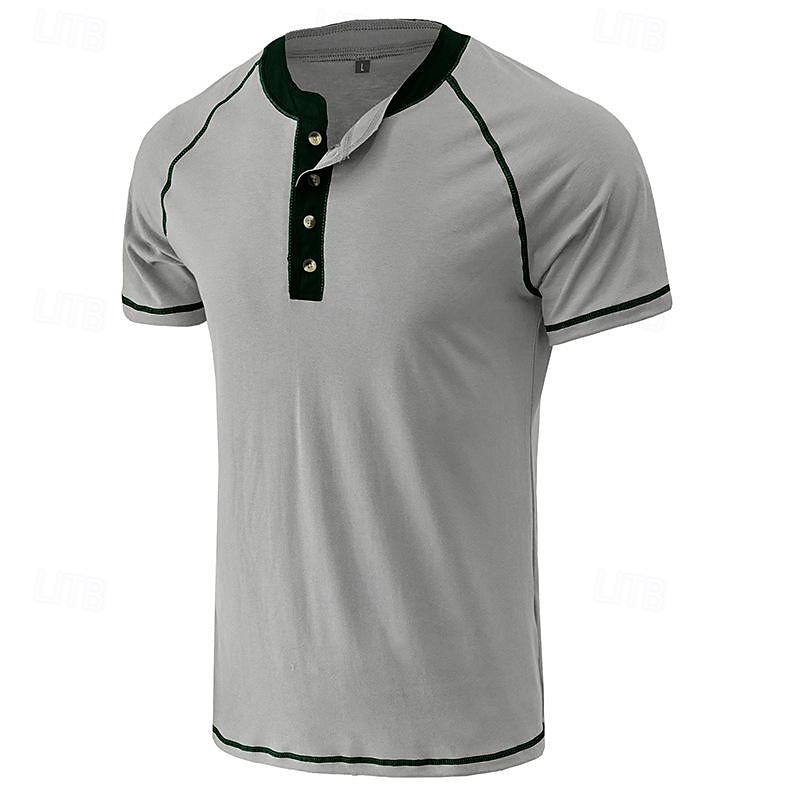 Men's T Shirt Henley Shirt Tee Top Short Sleeve Color Block Vintage Fashion Designer Basic Buttons Henley Vacation Street Going out Summer Army Green Dark Grey Black Henley T-Shirt2