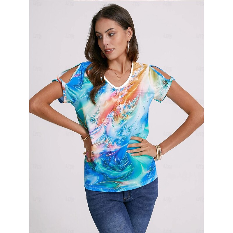 Women's T Shirt Henley Shirt Graphic Basic Neon & Bright Short Sleeve V Neck Regular Tops Daily Weekend Cut Out Buttons Print Blue Purple Green2