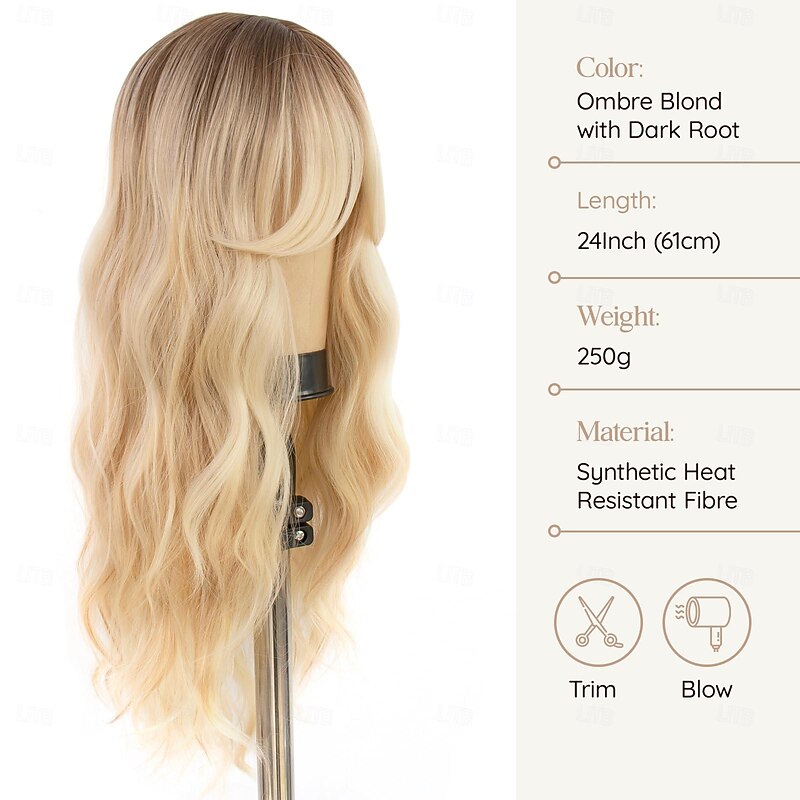 Long Blonde Wigs Middle Part Wavy Wig with Bang Natural Heat Resistant Fiber Synthetic Wig For Party Event Cosplay Daily Use Halloween Wigs3