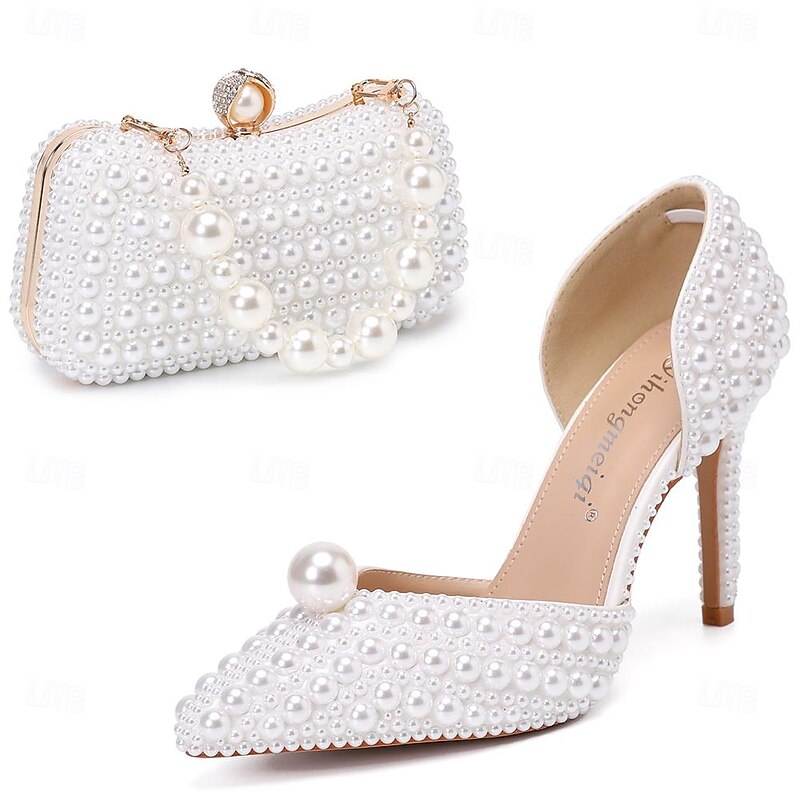 Women's Pearl High Heels and Clutch Set – Pointed Toe Stiletto Bridal Pumps with Matching Beaded Purse for Wedding, Engagement & Formal Events4