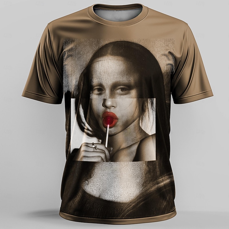 Men's Mona Lisa T Shirt Short Sleeve T shirt 3D Print Crew Neck Shirt Retro Vintage Casual Street Style Sports Outdoor Holiday Going out Blue Brown Gray Spring & Summer Clothing Apparel S M L XL 2XL4