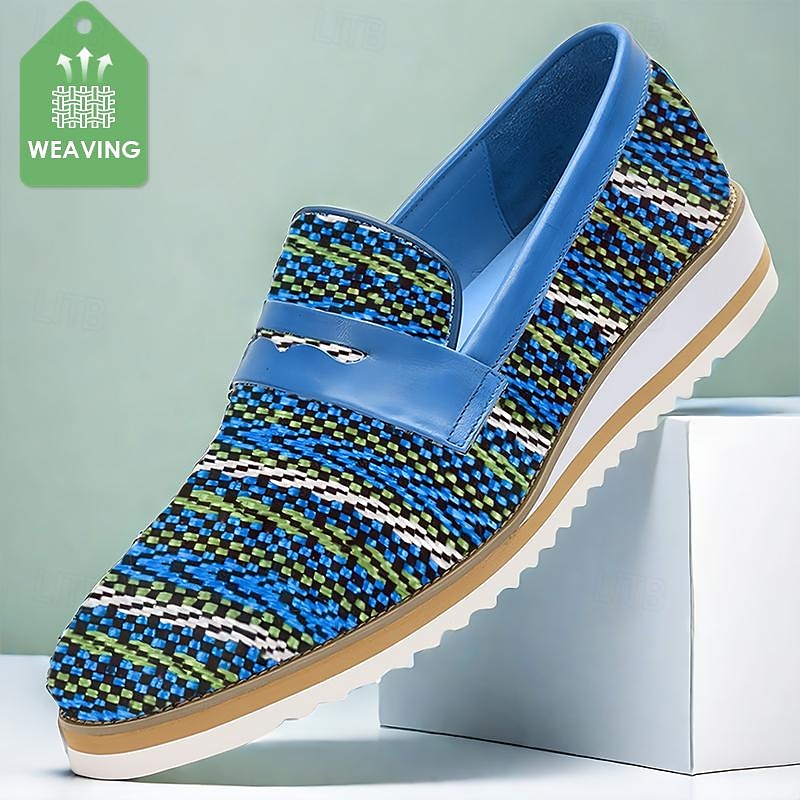 Men's Premium Cowhide Slip-On Loafers - Stylish Multicolor Woven Upper Casual Shoes with Cushioned Sole