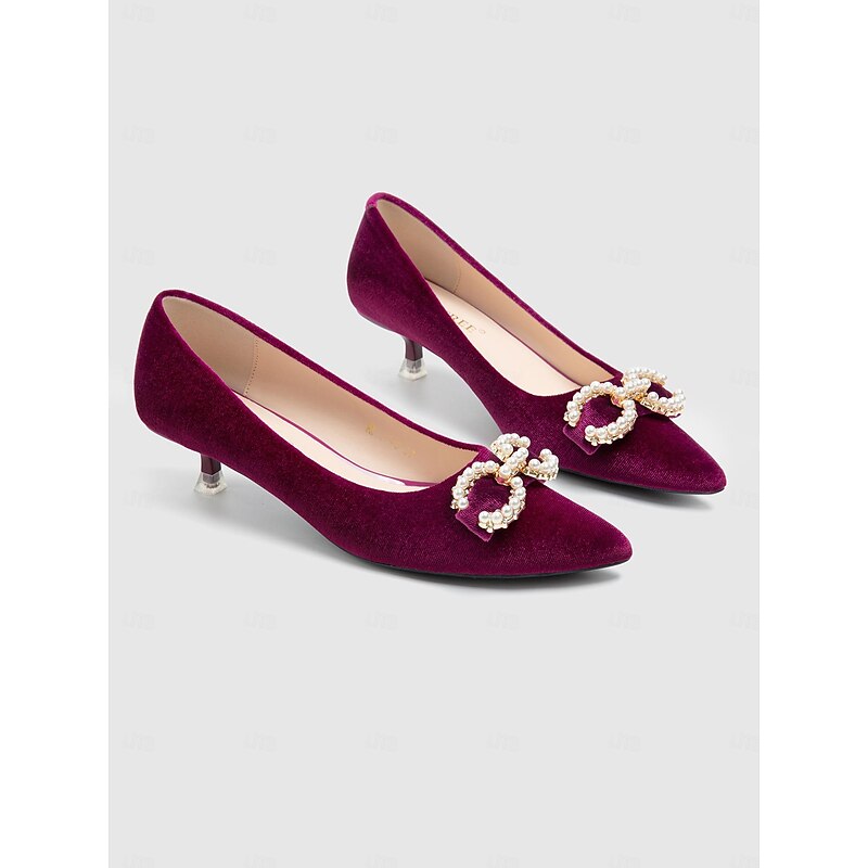 Women's Burgundy Velvet Kitten Heel Pumps with Pearl Bow - Elegant Dress Shoes for Parties, Weddings, and Special Events