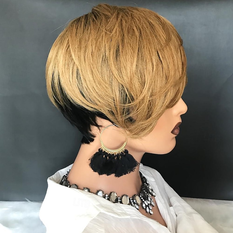 Human Hair Wigs for Black Women Short Blonde Bob Pixie Cut Wig Human Hair Short Wigs Human Hair Natural Straight Pixie Wig with Bangs Ombre Blond 1b/273
