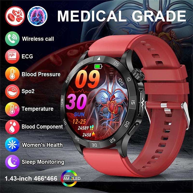 ET381 Smart Watch 1.43 Inch Amoled HD Screen Bluetooth Answer/Make Call ECG Blood Pressure Health Monitoring SOS Fitness Tracker