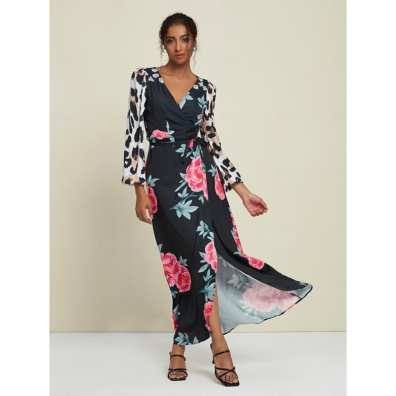 Satin Wedding Guest Floral Leopard Print Long Sleeve V Neck Maxi Dress3