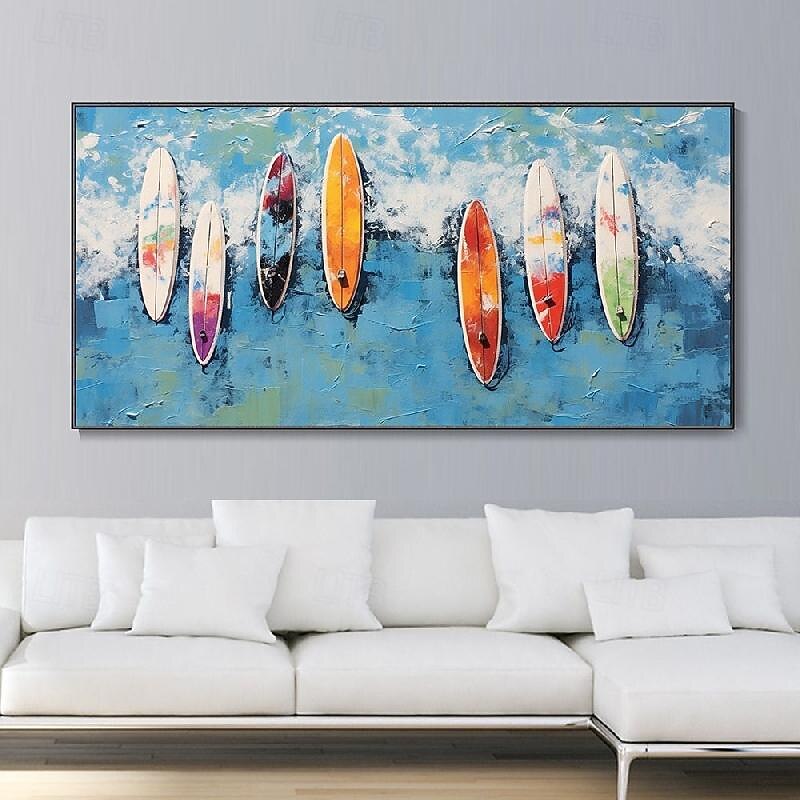 Hand Painted Custom Colored Surfboard oil painting handmade Summer Surfing Swimming Party painting Abstract Blue Ocean Seascape Canvas oil painting Wall Art painting for Home Decor Gift4