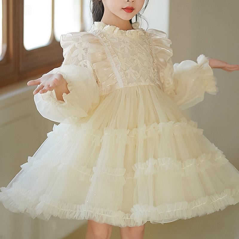Kids Girls' Flower Girl Dress Party Dress Solid Color Long Sleeve Performance Wedding Party Mesh Princess Beautiful Sweet Polyester Knee-length Party Dress Swing Dress Tulle Dress Summer Spring 5-133