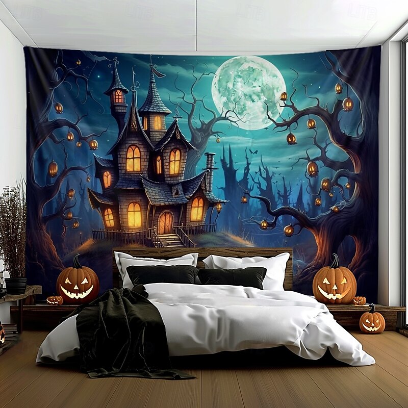 Halloween Decorations Pumpkin Forest Hanging Tapestry Wall Art Large Tapestry Mural Decor Photograph Backdrop Blanket Curtain Home Bedroom Living Room Haunted House2