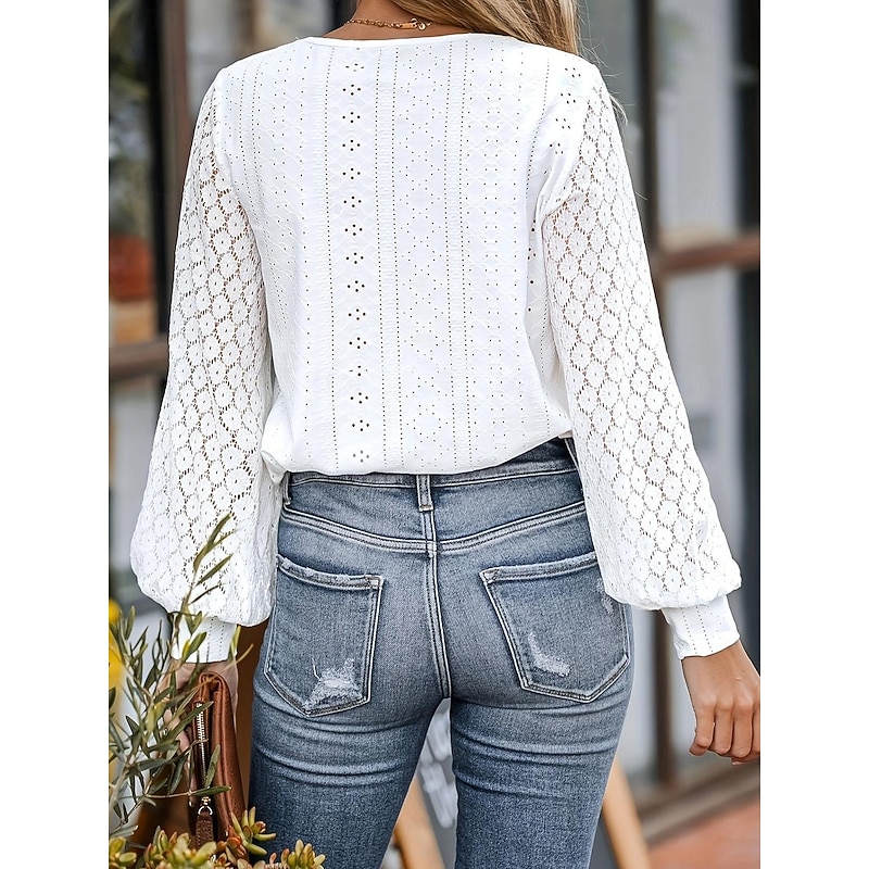 Women's White Elegant Lace Tops Eyelet Blouse Dressy Tops Plain Lace Cut Out Street Daily Fashion V Neck Regular Fit Romantic Petite Tops Summer Holiday Wear Black White2