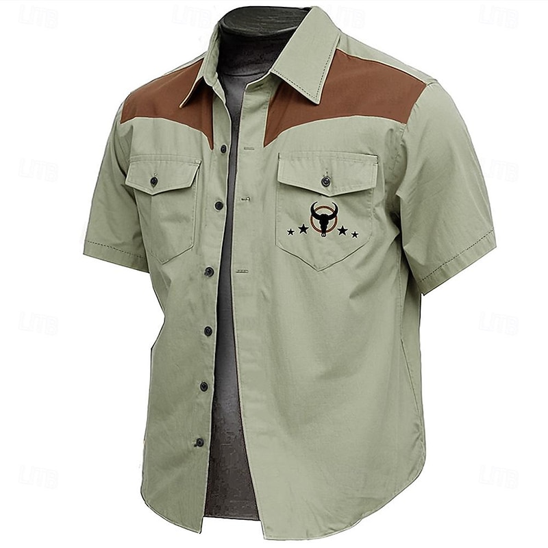 Men's Cow Print Work Shirt Western Shirt Cargo Shirt Short Sleeve Vintage Casual Western Style Sports & Outdoor Going out Summer Spring Turndown Print Brown Green Khaki4