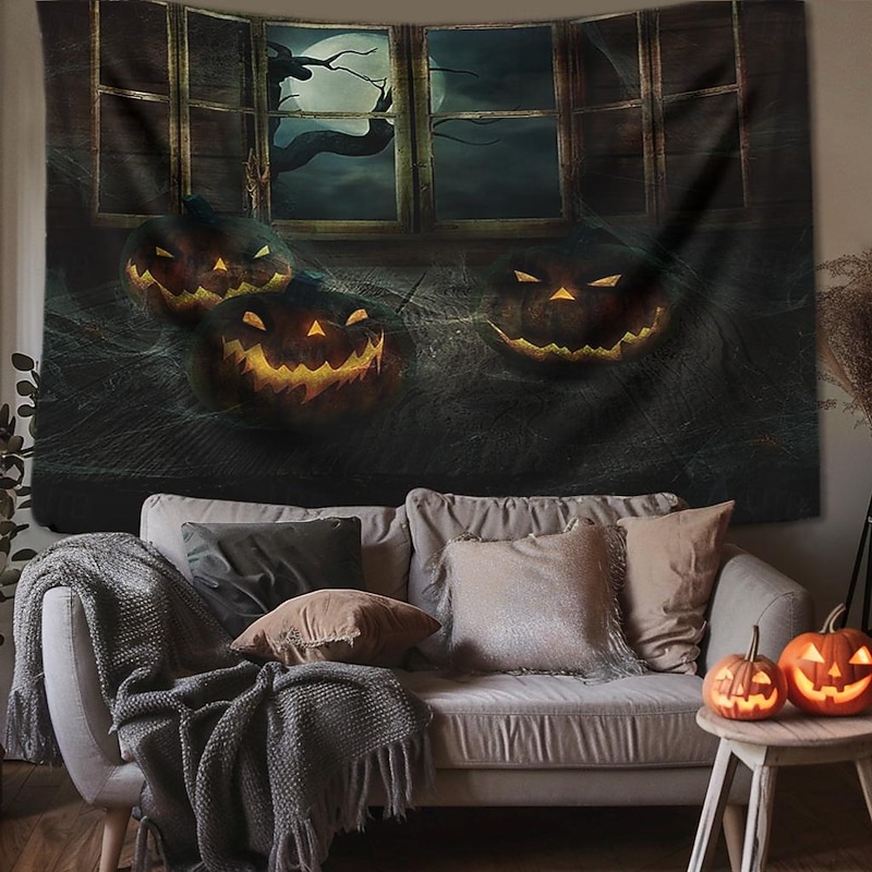 Halloween Decorations Tapestry Jack O Lantern Pumpkin Decor Wall Art Large Hanging Tapestry Mural Decor Photograph Backdrop Blanket Curtain Home Bedroom Living Room Skull Skeleton Bat Graveyard 7