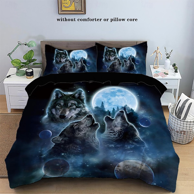 Moon Night Wolf Duvet Cover Set - Includes Duvet Cover and Pillowcases - Mystical Wolf and Moon Design - Soft and Comfortable Fabric3