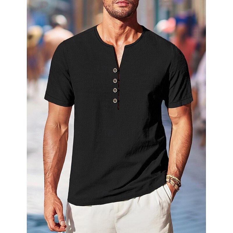 Men's Shirt Linen Shirt Summer Shirt Beach Shirt Solid Color Casual Daily Black White Short Sleeve Round Neck Summer Spring Clothing Apparel2
