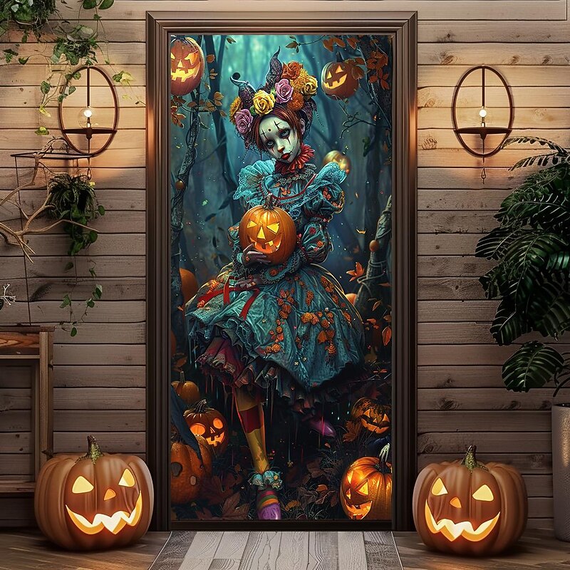 Halloween Door Decorations Halloween Door Covers Evil Clown Door Tapestry Door Curtain Decoration Backdrop Door Banner for Front Door Farmhouse Holiday Party Decor Supplies3