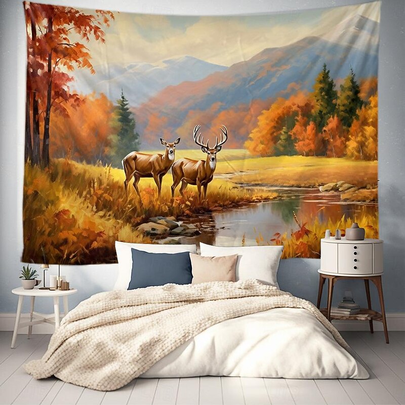 Autumn Deer Forest Hanging Tapestry Wall Art Large Tapestry Mural Decor Photograph Backdrop Blanket Curtain Home Bedroom Living Room Decoration