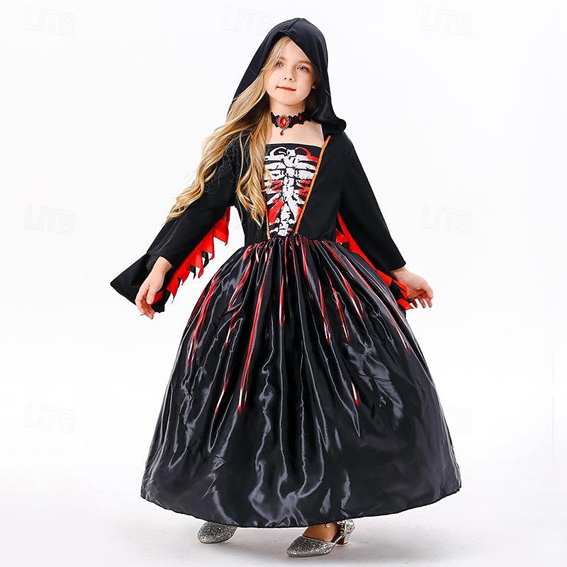 Witch Skeleton Skull Ghost Halloween Cape Cosplay Costume Hooded Cloak Walpurgis Night Scary Costume Kid's Girls' Carnival Masquerade Performance Halloween Masquerade Easy Halloween Costumes Dress Up2