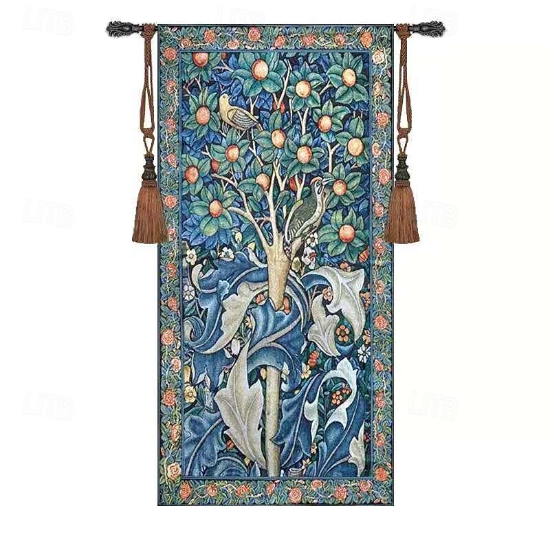 Jacquard Woven Tapestry Gobelin Aubusson Wall Art Hanging Large Tapestry Reproduction Loom Cotton Weave William Morris Tree Belgian Tapestry (without tassels and rod)2