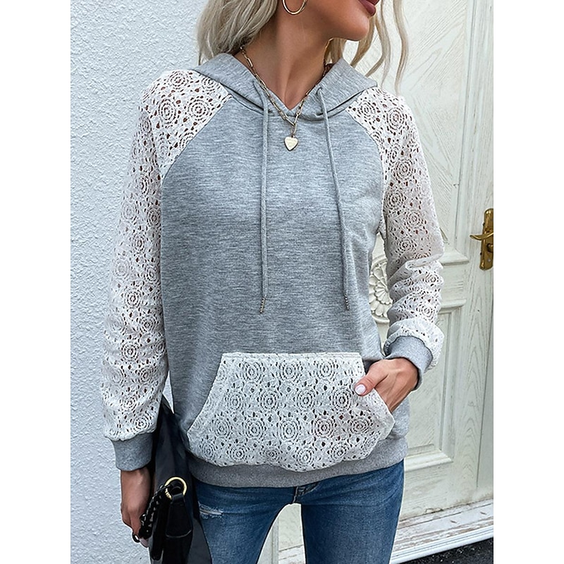 Women's Hoodie Sweatshirt Pullover Casual Plain Dailywear Hooded Pocket Long Sleeve Gray Spring Fall Winter