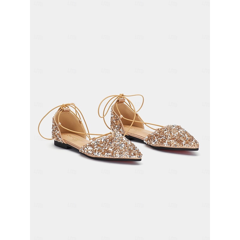 Women's Glitter Pointed Toe Lace-Up Flats - Sparkly Sequin Ballet Shoes for Parties and Special Occasions2