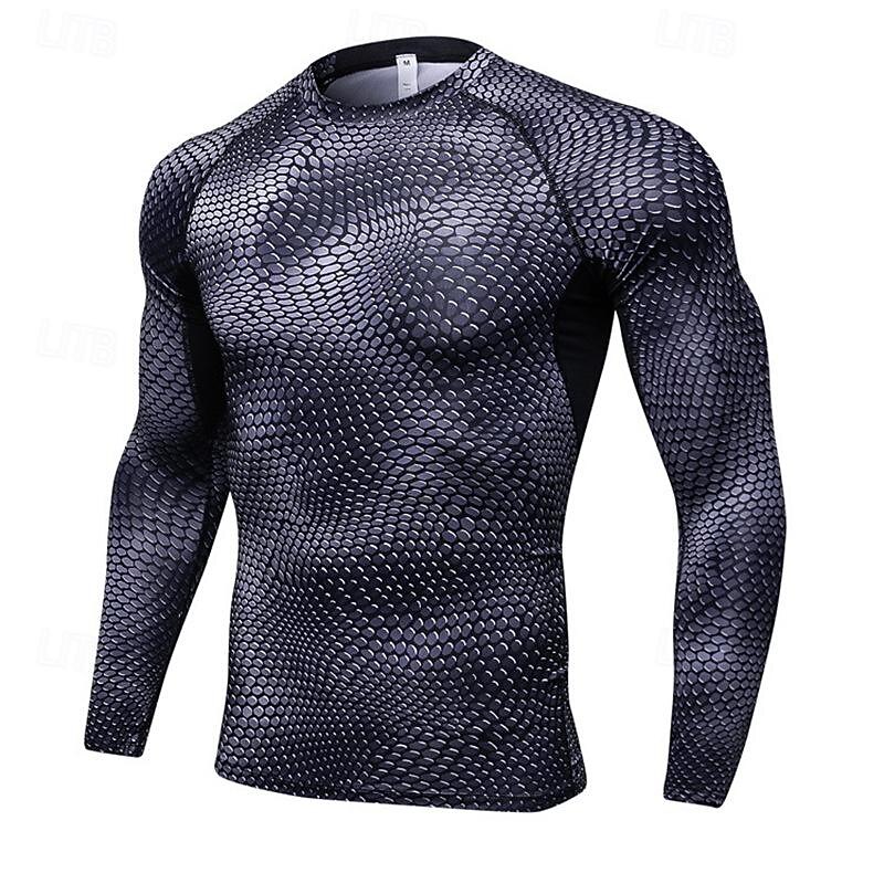 Men's Compression Shirt Gymnastics Suits Compression Set 2 Piece Elastic Waistband Snakeskin Compression Shirt and Pants Fall Dark Grey Black Spandex Gym Workout Jogging Running Soft Breathable Long3