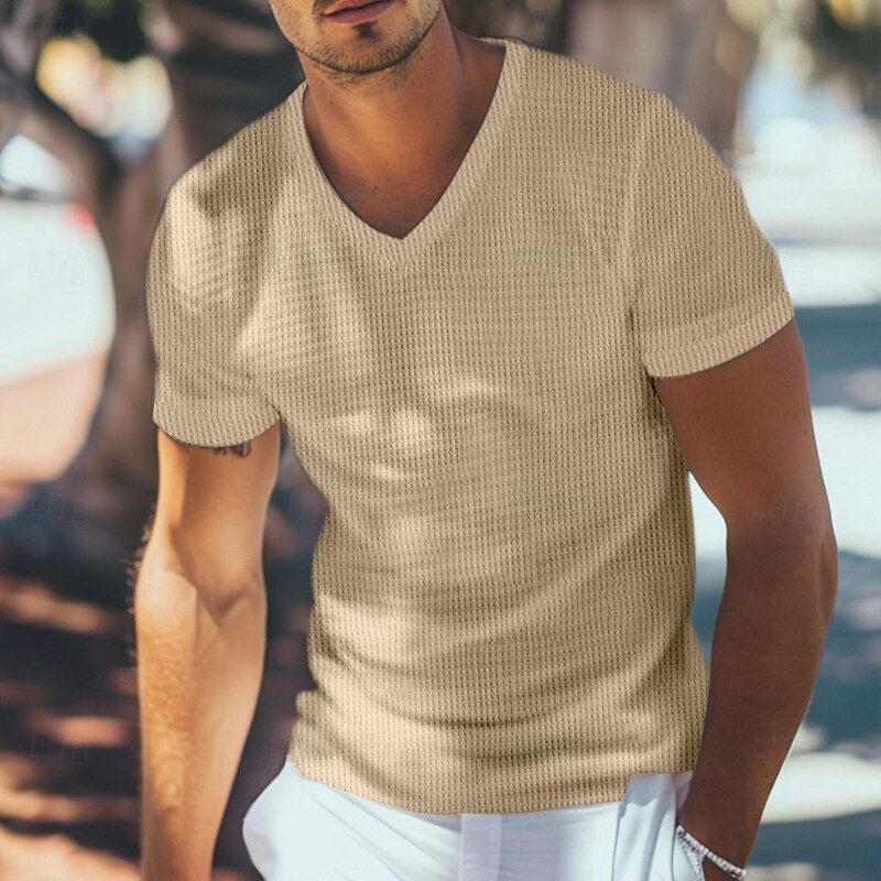 Men's Waffle Henley Shirt Tee Top Short Sleeve V Neck Summer Solid Color Fashion Designer Comfortable Buttons Outdoor Casual Daily White khaki Top Tee for Men4