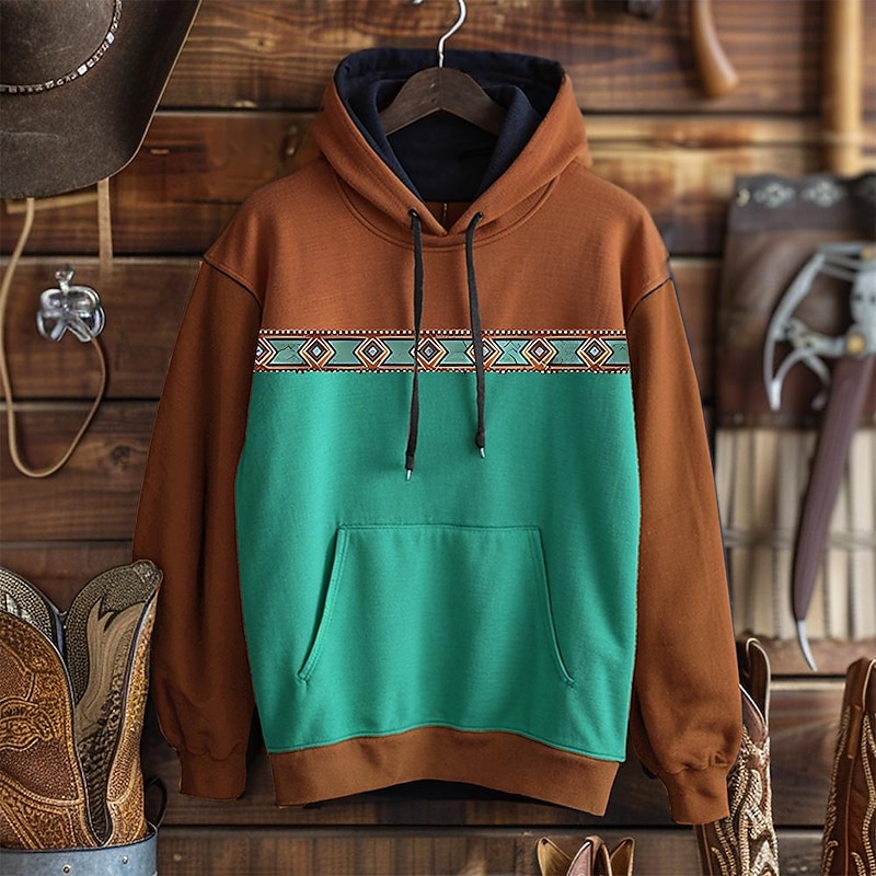 Men's Tribal Hoodie Hoodies Sweatshirt Fashion Cowboy Long Sleeve Crew Neck Brown Green Fall Winter Designer4
