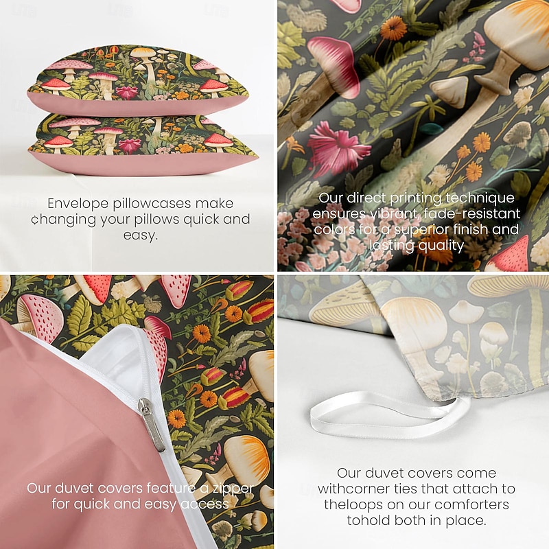 Mushroom Forest Mexican Folk Art Pattern Duvet Cover Set Comforter Set Soft 3-Piece Luxury Cotton Bedding Set Home Decor Gift3