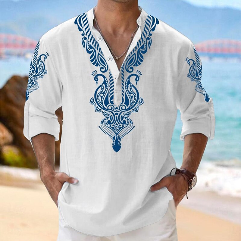 Men's Shirt Button Up Shirt Henley Shirt Long Sleeve Tribal Fashion Casual Vacation Causal Casual Summer Spring &  Fall Mandarin Collar Band Collar Buttons Print White Blue Green