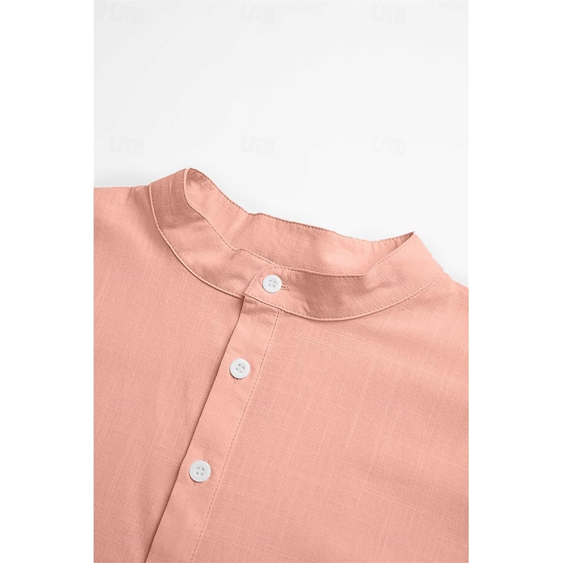 Men's Shirt Linen Shirt Popover Shirt Summer Shirt Beach Wear Band Collar Shirt Plain Vacation Casual Black White Yellow Pink Short Sleeve Henley Summer Clothing Apparel2