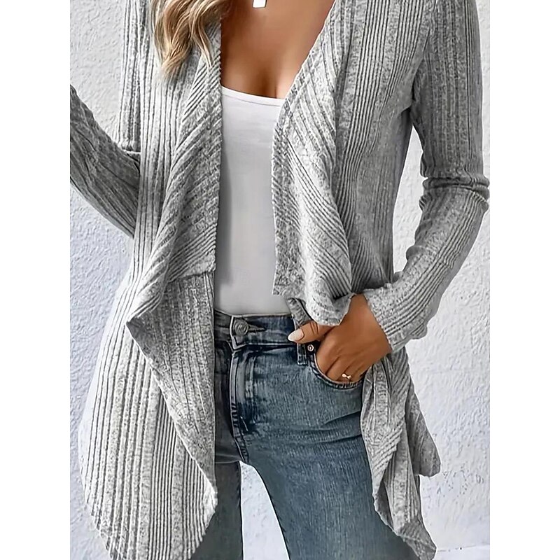 Women's Cardigan Coat Casual Solid Color Ribbed Open Front Knitted Asymmetric Hem Long Sleeve Regular Tops Knit Daily Green Khaki Spring Fall2