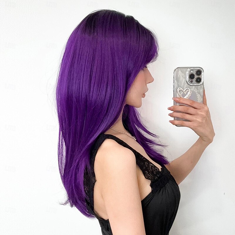 Synthetic Wig Uniforms Career Costumes Princess Straight kinky Straight Middle Part Layered Haircut Machine Made Wig 22 inch Bright Purple Synthetic Hair Women's Cosplay Party Fashion Purple3
