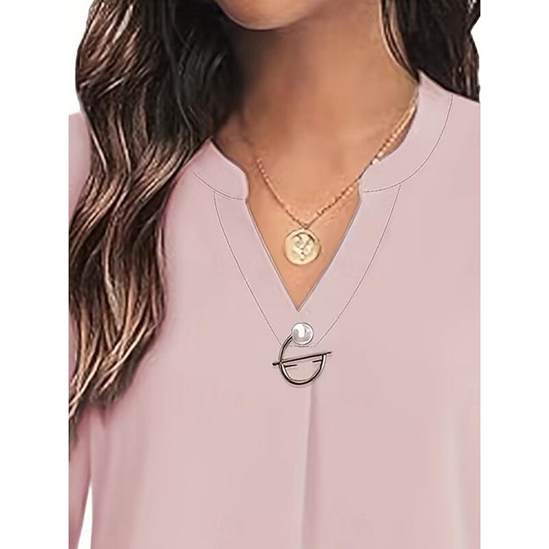 Women's Blouse Dressy Tops Elegant Solid Color Beaded Short Sleeve Notched Neck Work Black White Pink Blue Summer Spring Fall2