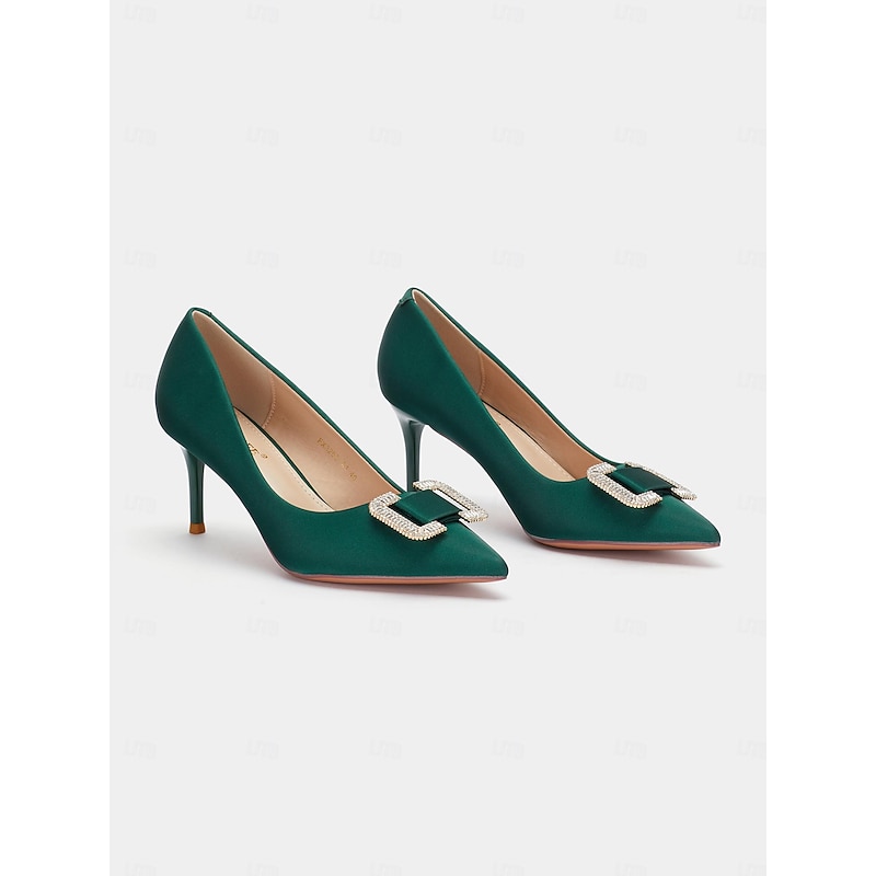 Elegant Green Satin Pumps with Rhinestone Buckle for Women: Perfect for Weddings and Formal Events