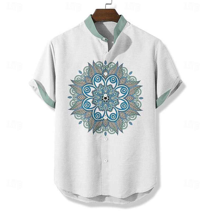 Men's Ethnic Shirt Button Up Shirt Short Sleeve Casual Tribal Holiday Summer Spring Stand Collar Buttons Print White Green Gray2