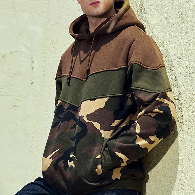 Men's Hoodie Army Green Coffee Hooded Color Block Camouflage Patchwork Pocket Sports & Outdoor Daily Holiday Streetwear Basic Casual Spring &  Fall Clothing Apparel Hoodies Sweatshirts3