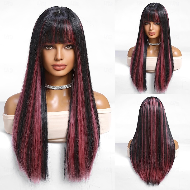 Synthetic Wig Uniforms Career Costumes Princess Straight kinky Straight Middle Part Layered Haircut Machine Made Wig 26 inch Black / Pink Synthetic Hair Women's Cosplay Party Fashion Natural Black