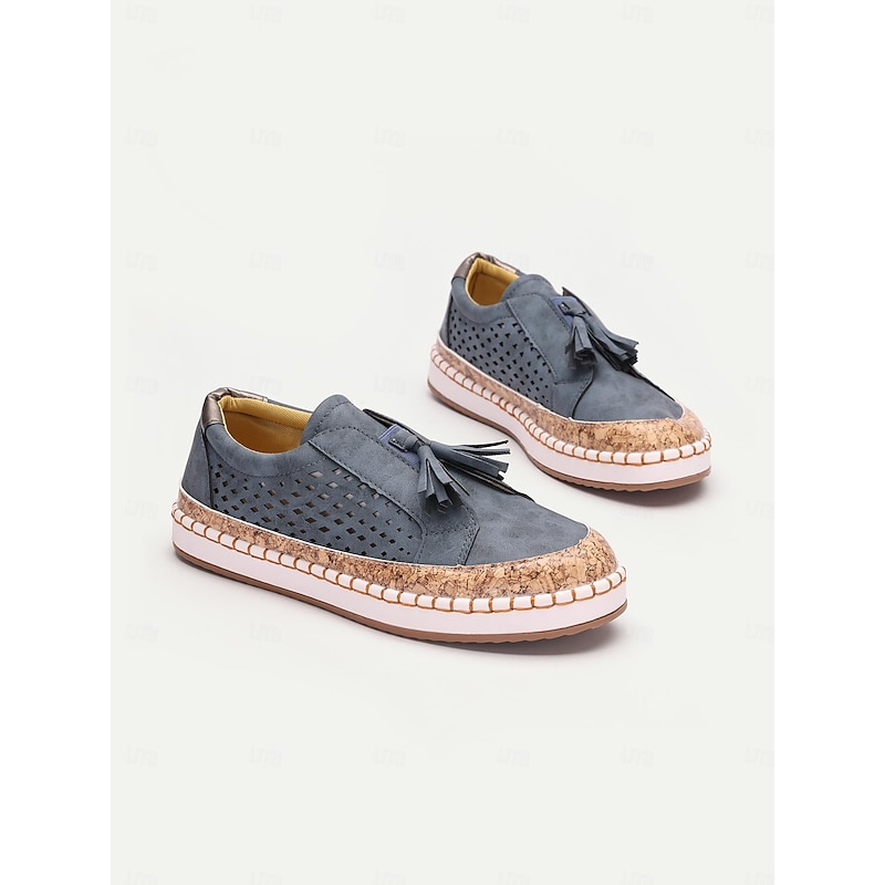 Women's Casual Tassel Loafers – Blue Suede Slip-On Shoes with Perforated Design & Cork Sole, Comfortable for Summer & Everyday Wear2