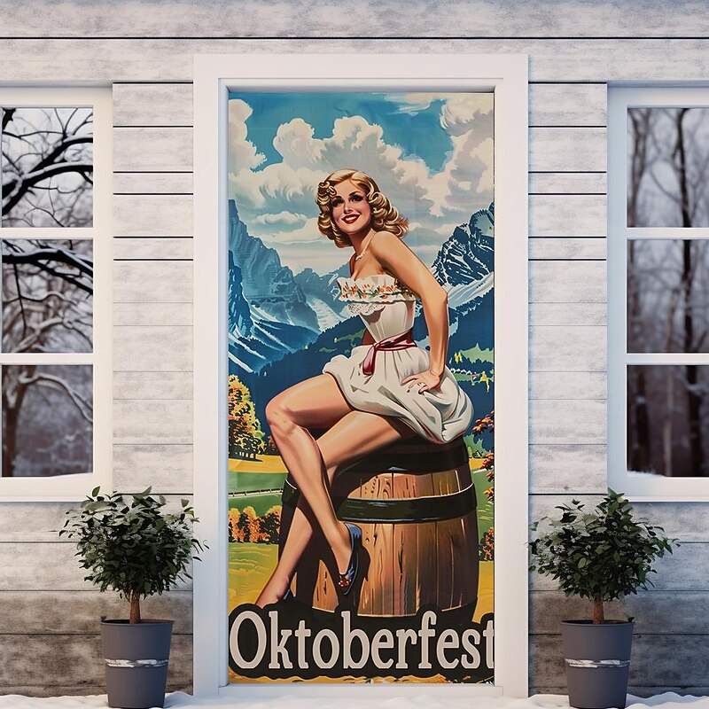 German Oktoberfest 2025 Vintage Woman Door Covers Door Tapestry Door Curtain Decoration Backdrop Door Banner for Front Door Farmhouse Holiday Party Decor Supplies
