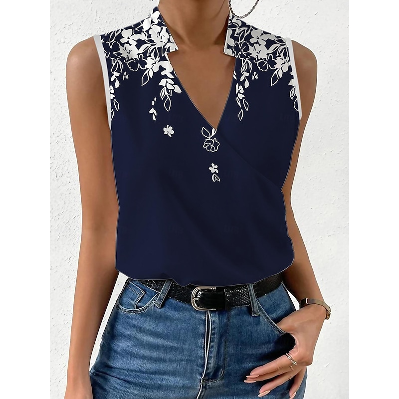Women's Camisole Tank Top Basic Floral Print Sleeveless Regular Tops V Neck Casual Holiday Navy Blue