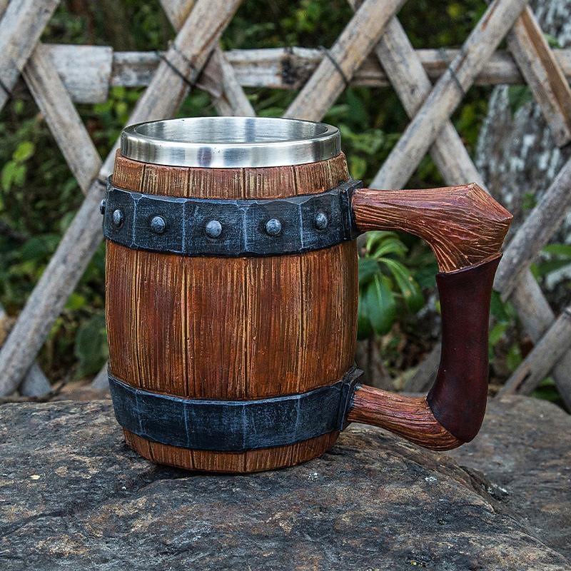1pc Antique Viking Beer Mug - Wooden Barrel Cup with Stainless Steel Liner - Perfect Gift for Beer Lovers
