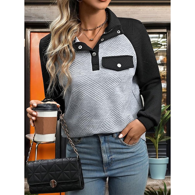 Women's Texture Sweatshirt Color Block Casual Long Sleeve Crew Neck Regular Tops Dailywear Black Fall & Winter3