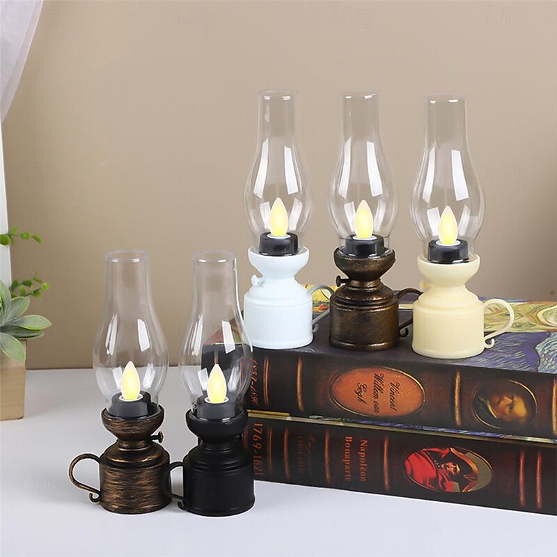 LED Electronic Candle Light Retro Kerosene Lamp Simulation Nostalgic Ornament Atmospheric Feeling Small Night Light Candle Holder Decoration Holiday Party Atmosphere Light  1PC