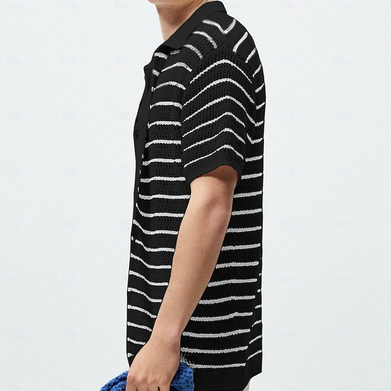 Men's Polo Knit Polo Sweater Business Casual Lapel Short Sleeve Fashion Stripes Button Front Summer Black Polo3