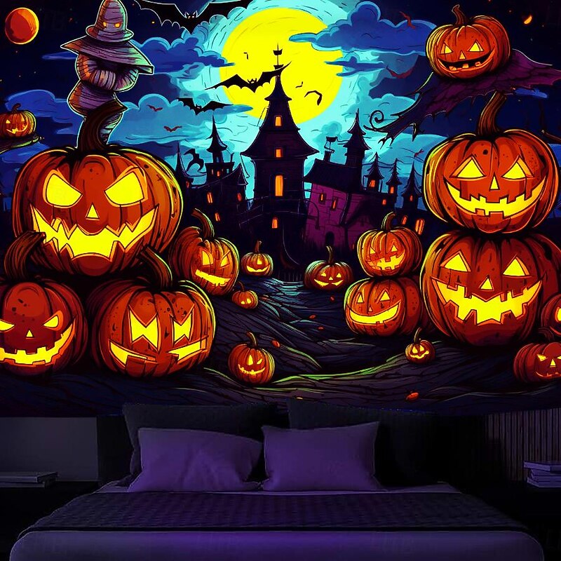 Halloween Decorations Carved Pumpkin Blacklight Tapestry UV Reactive Glow in the Dark Forest Trippy Mountain Misty Zombie Ghost Hanging Tapestry Wall Art Mural for Living Room Bedroom4