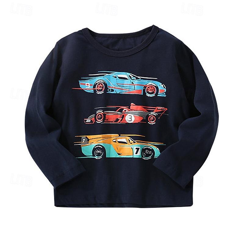 Boys 3D Graphic Car Tee Long Sleeve Spring Fall Fashion Basic Little Kids(4-7ys) 4-7 Years Crew Neck Outdoor Casual Daily Regular Fit2