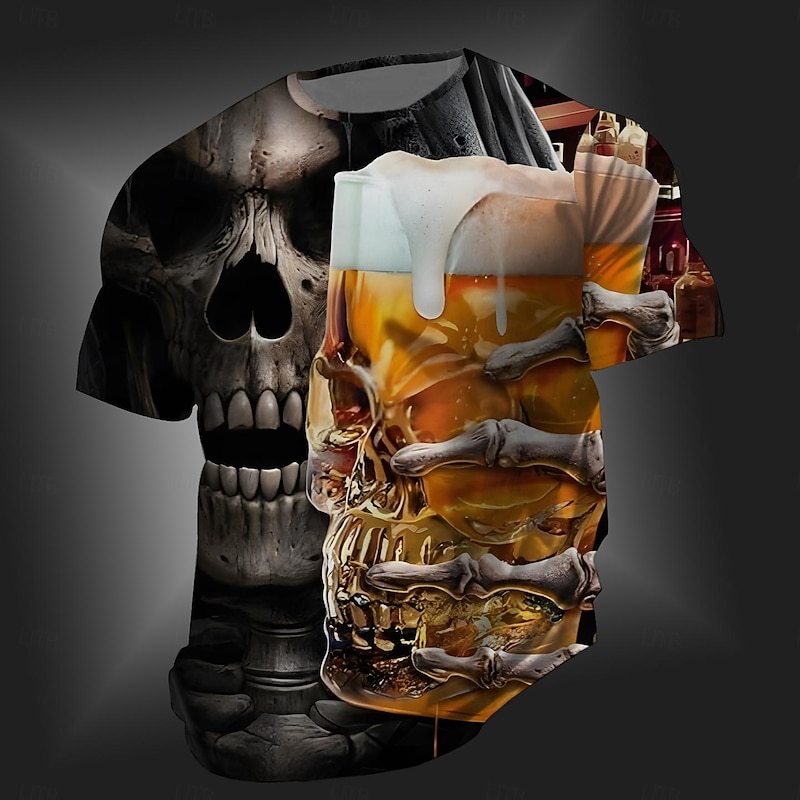Men's Skull Oktoberfest Beer T Shirt Short Sleeve T shirt 3D Print Crew Neck Shirt Vintage Cool Party Holiday Oktoberfest Yellow Orange Summer Spring Clothing Apparel S M L XL XXL XXXL