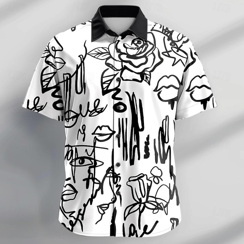 Men's Graffiti Shirt Button Up Shirt Short Sleeve Casual Vacation Daily Summer Turndown Collared Shirts Button Up 3D Print Black White